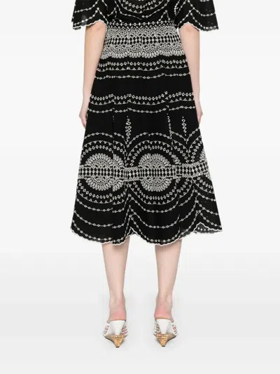 Charo Ruiz 'livvy' Black Midi Skirt With Scallop Hem And All-over Embroidery In Cotton Nad Linen Blend Woman In Schwarz