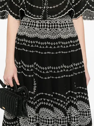 Charo Ruiz 'livvy' Black Midi Skirt With Scallop Hem And All-over Embroidery In Cotton Nad Linen Blend Woman In Schwarz