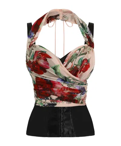 Dolce & Gabbana Flower Print Marquisette And Chiffon Bustier Top In Multicolor