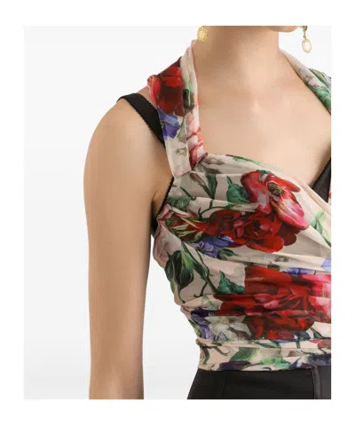 Dolce & Gabbana Flower Print Marquisette And Chiffon Bustier Top In Multicolor