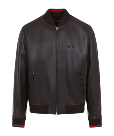 Gucci Men Dark Brown Leather Bomber Jacket