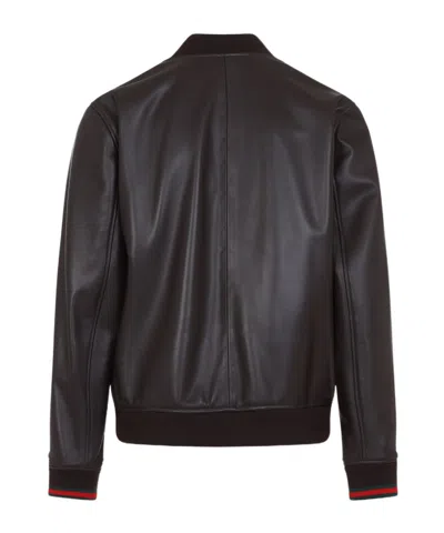 Gucci Men Dark Brown Leather Bomber Jacket