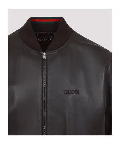 Gucci Men Dark Brown Leather Bomber Jacket