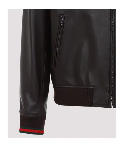 Gucci Men Dark Brown Leather Bomber Jacket
