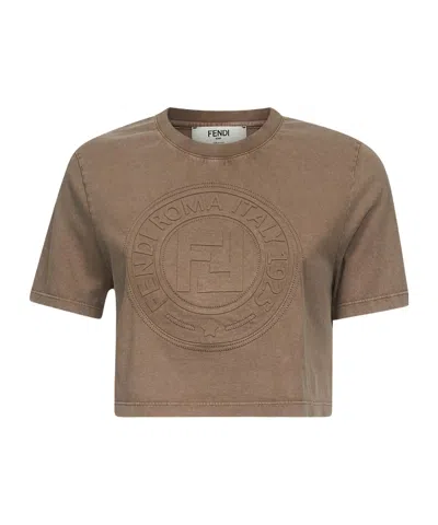 Fendi Beige Washed-out Cropped T-shirt With Logo In Neutral