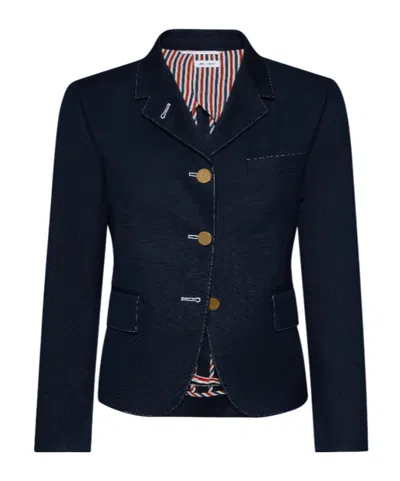 Thom Browne Blazer Cotton Blend Notched Lapel In Navy Blue