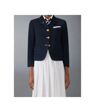 Thom Browne Blazer Cotton Blend Notched Lapel In Navy Blue