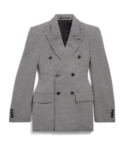 Balenciaga Hourglass Houndstooth Double-breasted Wool Blazer In Gray
