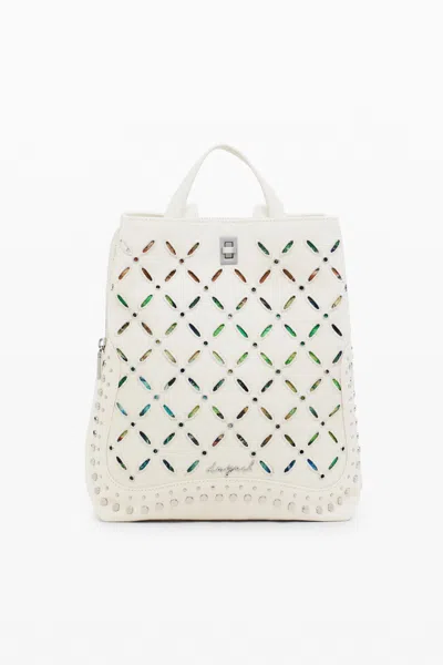 Desigual Medium Backpack With Perforations And Studs In White