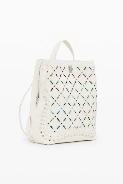 Desigual Medium Backpack With Perforations And Studs In White