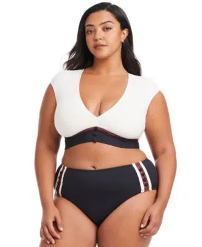 Bleu Rod Beattie Plus Size Button-down Cap-sleeve Cropped Swim Top In White