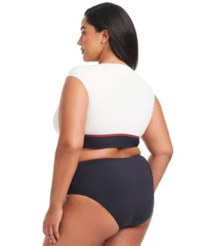 Bleu Rod Beattie Plus Size Button-down Cap-sleeve Cropped Swim Top In White