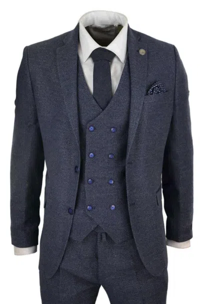 Oliver Tweed Mens Blue Wool 3 Piece Suit Double Breasted Waistcoat Tweed Peaky Blinders 1920s In Blue