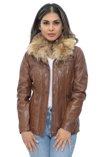 Infinity Leather Womens Leather Hooded Parka Jacket-putian In Brown