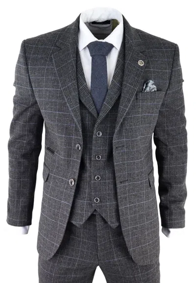 Oliver Tweed Mens Grey Check 3 Piece Tweed Suit Peaky Blinders 1920s Gatsby Tailored Fit In Grey