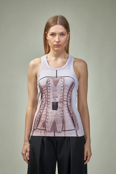 Jean Paul Gaultier Cotton Ribbed Tank Top Printed ''trompe L'ceil Corset'' In Pink & Purple