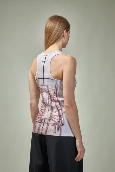 Jean Paul Gaultier Cotton Ribbed Tank Top Printed ''trompe L'ceil Corset'' In Pink & Purple