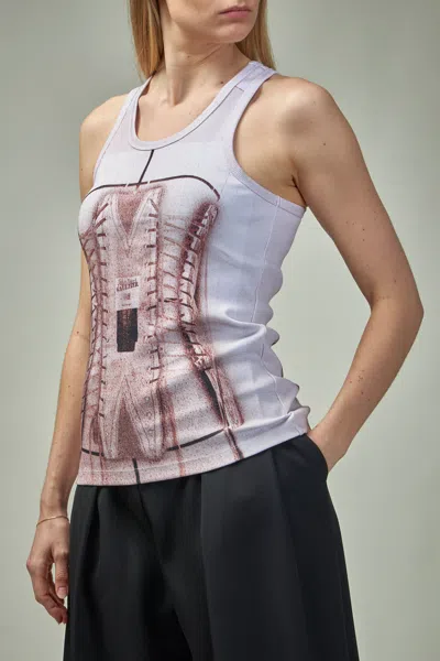 Jean Paul Gaultier Cotton Ribbed Tank Top Printed ''trompe L'ceil Corset'' In Pink & Purple