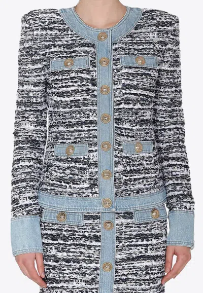 Balmain Tweed And Denim Blazer Jacket In Blue