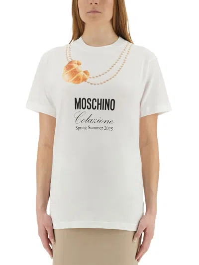 Moschino White Cotton T-shirt With Croissant And Pearls Print In White