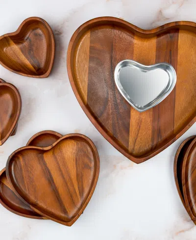 Nambe Nambé Eat Your Heart Out Set Of 4 Acacia Wood Appetizer Plates In Brown