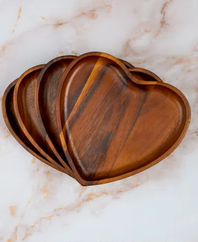 Nambe Nambé Eat Your Heart Out Set Of 4 Acacia Wood Appetizer Plates In Brown