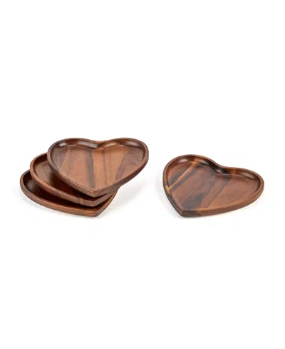 Nambe Nambé Eat Your Heart Out Set Of 4 Acacia Wood Appetizer Plates In Brown