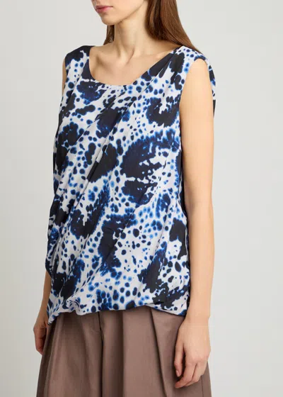 Dries Van Noten Cot Orchid Petal Print Draped Top In Navy