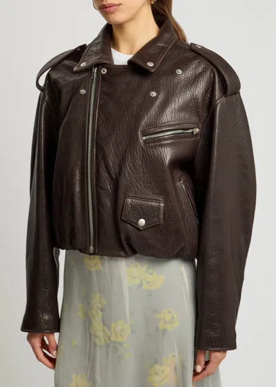 Acne Studios Leather Bomber Jacket With Epaulettes And Textured Finish In Black