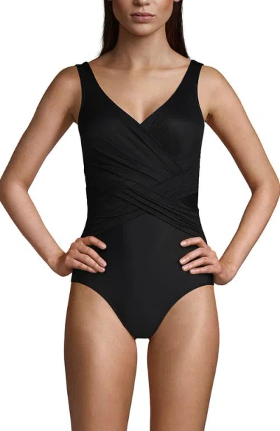 Lands' End Plus Size Dd-cup Slender Tummy Control Chlorine Resistant Wrap One Piece Swimsuit In Black