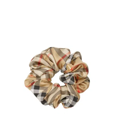 Burberry Check Pattern Scrunchie Hair Elastic In Sand-colored