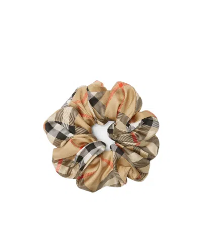 Burberry Check Pattern Scrunchie Hair Elastic In Sand-colored