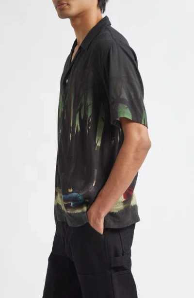 Endless Joy In The Pines Border Silk Twill Button-up Shirt In Black Multi