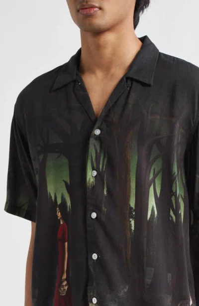 Endless Joy In The Pines Border Silk Twill Button-up Shirt In Black Multi