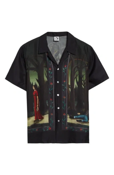 Endless Joy In The Pines Border Silk Twill Button-up Shirt In Black Multi
