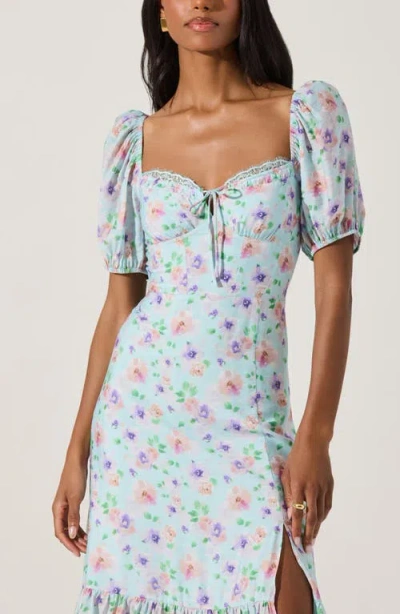 Astr The Label Floral Eyelash Lace Detail Midi Dress In Blue Purple Floral
