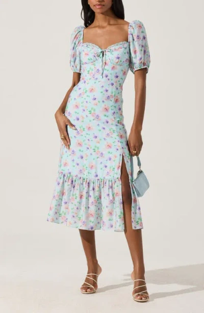 Astr The Label Floral Eyelash Lace Detail Midi Dress In Blue Purple Floral