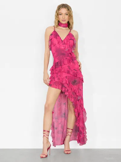 Alice And Olivia Nelia High-low Ruffle Wrap Maxi Dress With Detachable Scarf In Floral Fling Raspberry