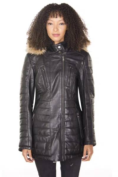 Infinity Leather Womens Brown Womens Brown Quilted Leather Parka Jacket-bowen In Black