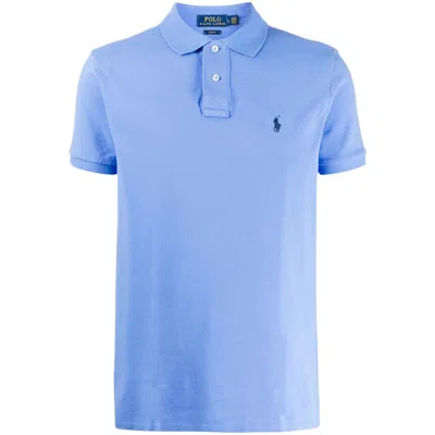 Ralph Lauren Button Collar Logo Polo Shirt In Blue