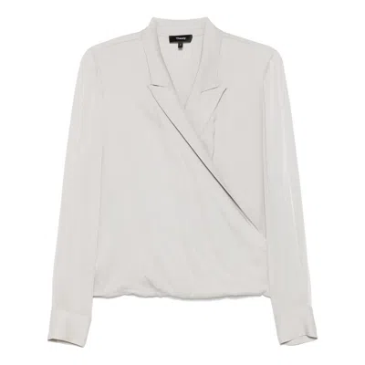 Theory Metallic Blouse With Peak Revers And Crossover Neck In Blue
