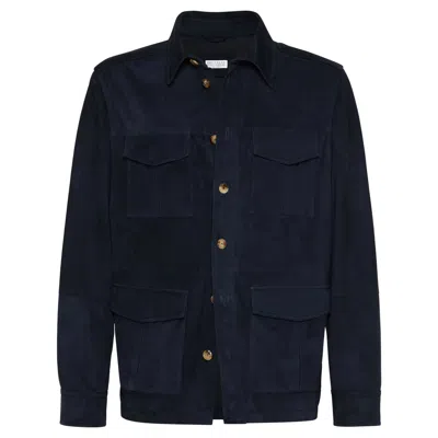 Brunello Cucinelli Men Suede Leather Shirt Jacket In Blue