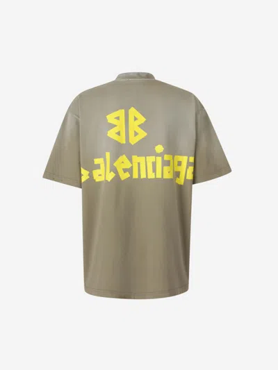 Balenciaga Crew Neck Distressed Neckline Graphic Print In Military Green