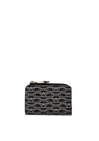 Emporio Armani Wallet With Zip In Fabric With Jacquard Logo In Black