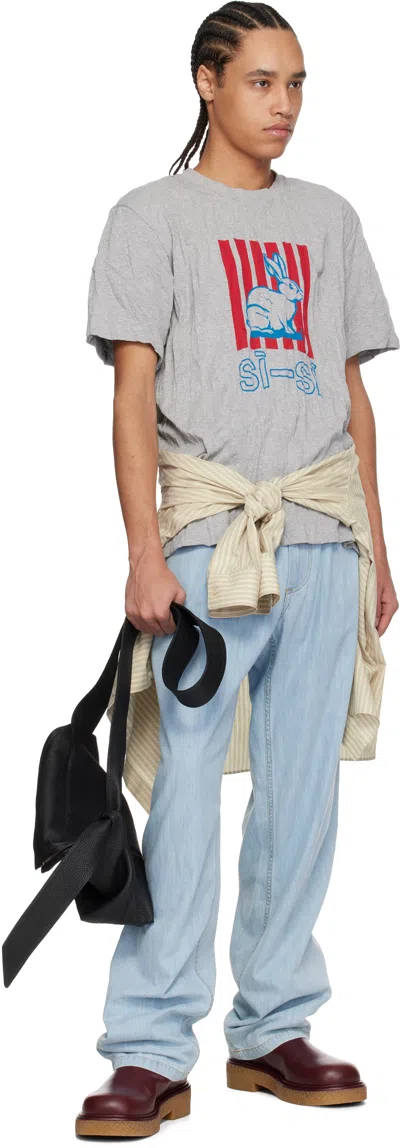 Bottega Veneta Men Grey Crewneck T-shirt With Maxi Print On The Front And Wrinkled Ffect In Cotton M In Gray