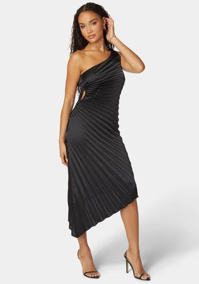 Bebe Pleated One Shoulder Gown In Black