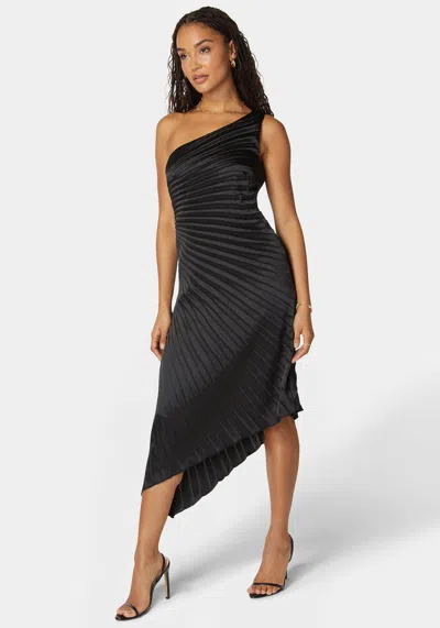 Bebe Pleated One Shoulder Gown In Black