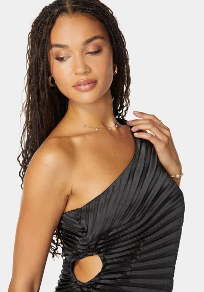Bebe Pleated One Shoulder Gown In Black