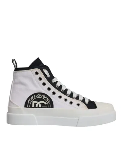 Pre-owned Dolce & Gabbana White Black Cotton High Top Sneakers Men's Shoes () In Black/white