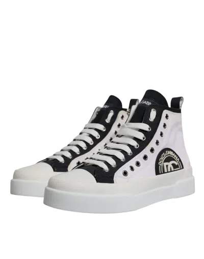 Pre-owned Dolce & Gabbana White Black Cotton High Top Sneakers Men's Shoes () In Black/white